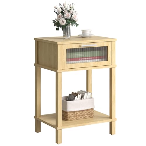 Nightstand Wooden Bedside Table with Drawer Natural Wood Night Stands Modern Style Small End Table Side Table with Storage Shelf for Bedroom Living Room MLBZ10YEV - color: Natural
