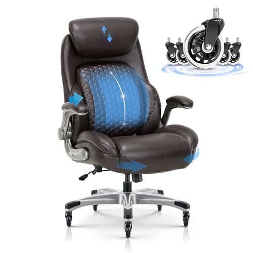 COLAMY Office Ergonomic Desk High Back Executive Chair with Pop-Out Lumbar Support, Upgraded Casters, Adjustable Headrest, Flip-Up Arms, Leather Home with Thick Cushion for Comfort - Brown - color: Brown, size: 1PC