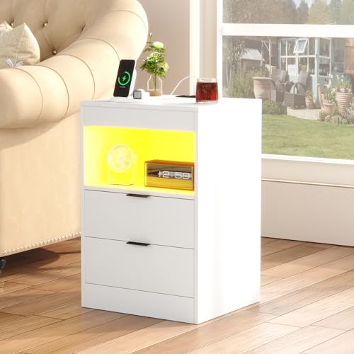 Gadroad LED Nightstand with Charging Station, Bedside Table with USB Ports & Power Outlets, Modern Night Stand with Drawers for Bedroom Small Spaces, White - color: White