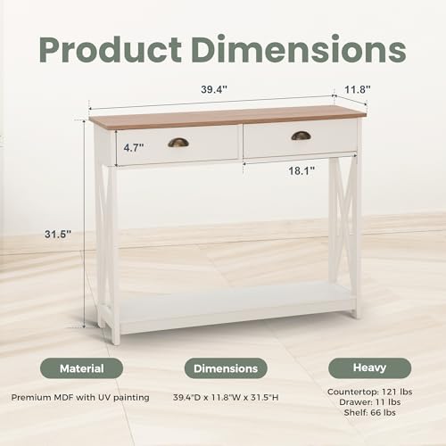 PHI VILLA Entryway Table - Farmhouse Narrow Console Table with Drawer for Living Room/Hallway, Ivory White - color: Ivory 2