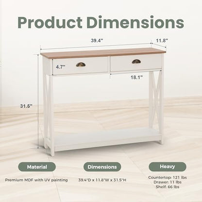 PHI VILLA Entryway Table - Farmhouse Narrow Console Table with Drawer for Living Room/Hallway, Ivory White - color: Ivory 2