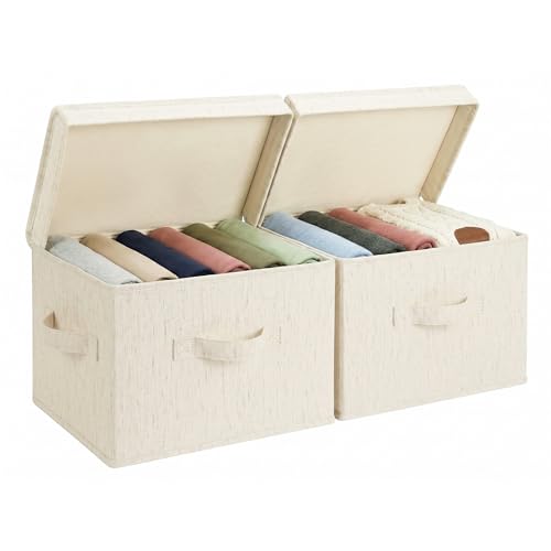 StorageWorks Fabric Storage Bins with Lids, Large Closet Storage Bins | Flip-Top Lid, 3 Handles, Collapsible, Stackable, for Clothes Blankets, Multi-Purpose, Medium, Rustic Linen, 2-Pack - color: Rustic Linen, size: Medium