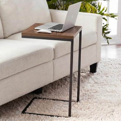 C-Shaped Couch Table, Walnut Finish | Movable Side End Table, Sturdy Metal Frame, Narrow Laptop Stand Desk & TV Tray, For Living Room - color: Walnut