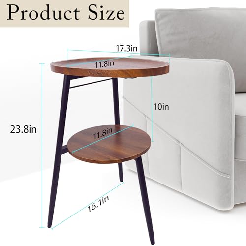 Side Table Small End Table, Oval Round Wood Sofa Table, 2 Tier Accent Table Nightstand Bedside Table with Metal Frame for Living Room, Bedroom, Small Spaces (Rustic Brown)