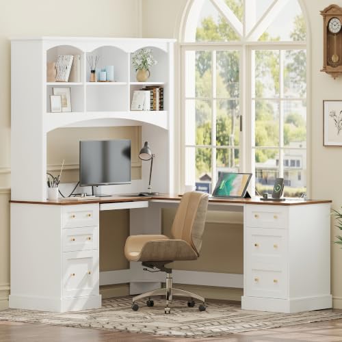 L Shaped Corner Desk with Charging Station Keyboard Tray File Drawer | Arched Hutch with 3 Shelves, 450lbs capacity, Space Saving with Hidden Cabinet & Anti-tip Bracket for home office gaming - color: White+walnut