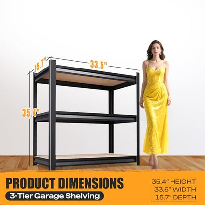 AOAORRG 35" H Garage Shelving Heavy Duty Storage Shelves, Metal Adjustable Shelving Unit, Utility Garage Organizer Shelf for Basement, Pantry, Kitchen, Warehouse, 15.7" Dx33.5 Wx35 H, Black - size: 3-Wood-15.7"Dx33.5"Wx35.4"H
