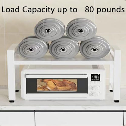 2-Tier Expandable Microwave Stand, Extendable Microwave Oven Rack with Storage Shelf Heavy Duty with 6 Hooks and Chopsticks Cutting Board Tools Holder for Kitchen(15.7~24.8" L) - color: White