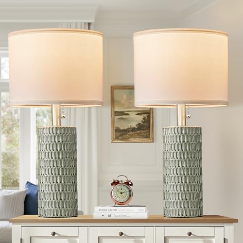 Reaketon Table Lamps for Living Room Set of 2, Ceramic Table Lamps for Bedroom, 20" Modern Lamps for Night Stands, Green - color: Green