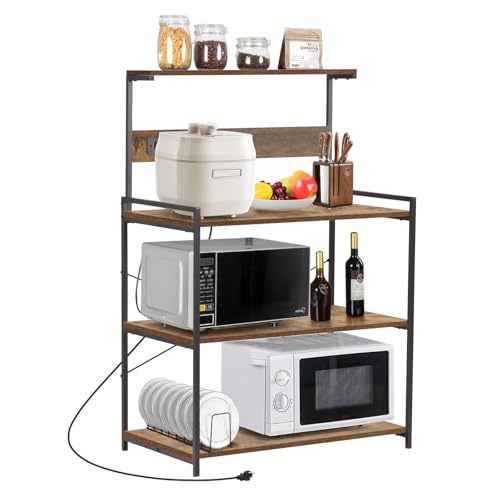 4-Tier Kitchen Baker's Rack with Power Outlet, Microwave Stand and Storage Shelves, Coffee Station Organizer (Rustic Brown) - color: Brown