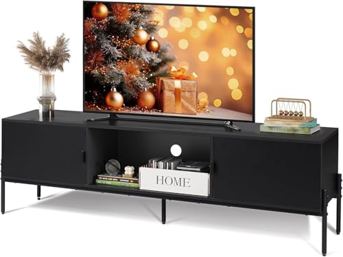 WLIVE 58" TV Stand for 65 Inch TVs, Mid Century Modern Entertainment Center with 2 Storage Cabinets & Open Shelf, Media Console Table with Metal Legs for Living Room, Bedroom, Black - color: Black