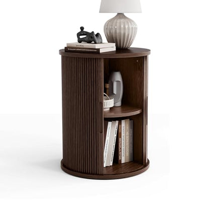 LINSY HOME Round Fluted End Table, Tall Side Table with Sliding Tambour Door and Storage Shelf, Modern Bedside Table, Mid-Century Nightstand for Living Room, Bedroom, Dark Walnut - color: Dark Walnut