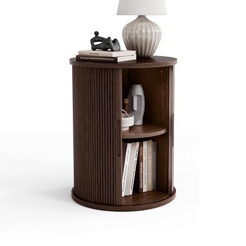 LINSY HOME Round Fluted End Table, Tall Side Table with Sliding Tambour Door and Storage Shelf, Modern Bedside Table, Mid-Century Nightstand for Living Room, Bedroom, Dark Walnut - color: Dark Walnut