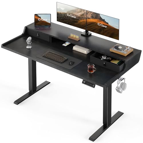 ErGear Electric Standing Desk with Drawers, 55″ x 28″ Gaming Table Compatible Monitor Stand, Stand up Desks, Home Office Height-Adjustable Desk with Storage Shelf, 4 Preset Heights, Black - color: Black, size: 55" X 28"