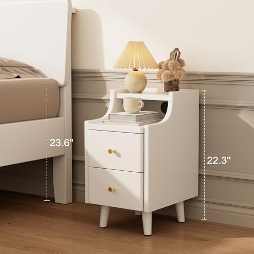 Narrow Nightstand with 2 Drawers,White Nightstand,Bedside Table,Solid Wood Modern Bedside Table for Bedroom,Study,Toilet - color: White, size: 15.75"D x 11.81"W x 22.32"H(2 Drawers)