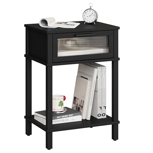 Nightstand Wooden Bedside Table with Drawer Black Night Stands Modern Style Small End Table Side Table with Storage Shelf for Bedroom Living Room MLBZ10B - color: Black
