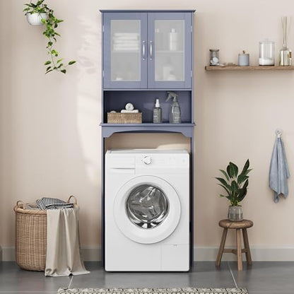 Yaheetech Over The Toilet Storage Cabinet, Free Standing Toilet Rack with Adjustable Shelves and Tempered Glass Doors for Bathroom Washroom, Grey - color: Grey