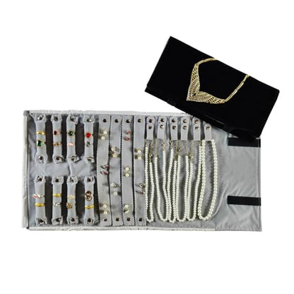 Velvet Travel Jewelry Case Roll Bag Organizer for Necklace Bracelet Earrings Ring (Black) (Black and Grey) - color: Black and Grey