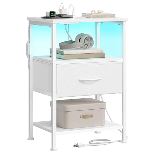 SONGMICS BELLAH Collection - Nightstand with Charging Station and App-Controlled Adjustable LED Lights, Bed Side Table, 1 Drawer and 2 Open Shelves, Modern, Cloud White and Snow White ULGS301WH01S - color: Cloud White + Snow White, size: 1 Drawer