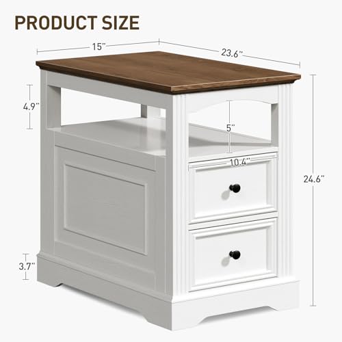 Farmhouse End Table with 2 Drawers, Narrow Sofa Side Table with Storage and Open Shelf, Wooden Nightstand for Small Spaces, Bedroom, Living Room, White and Walnut - color: White and Walnut