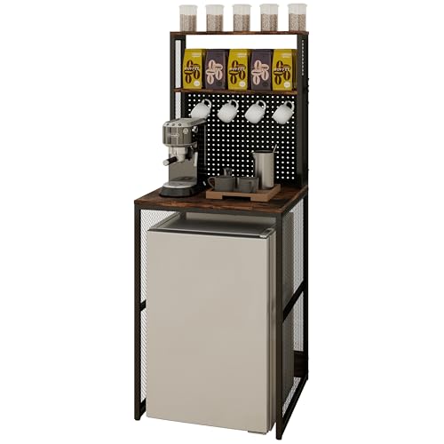 KirKical Mini Fridge Stand Shelf, Bakers Rack for Home Dorm, Vintage Wood | Spacious Shelves Pegboard & Hooks Keep Items Tidy. Versatile for Coffee Bar Table, Microwave Shelf - color: Vintage Wood