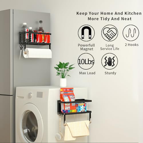 Magnetic Paper Towel Holder for Refrigerator, Magnetic Spice Rack,Magnetic Shelf for Stove,Wall Mount Towel Rack with Hooks,Refrigerator Organizer for Kitchen (Black)