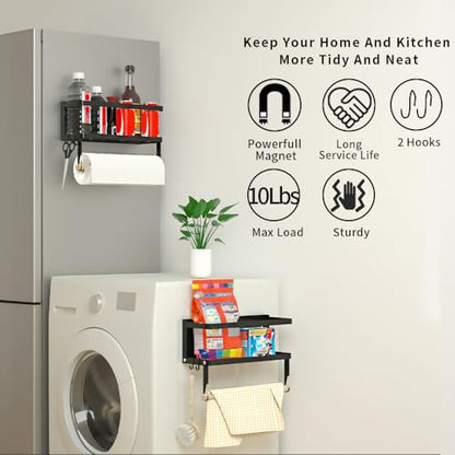 Magnetic Paper Towel Holder for Refrigerator, Magnetic Spice Rack,Magnetic Shelf for Stove,Wall Mount Towel Rack with Hooks,Refrigerator Organizer for Kitchen (Black)