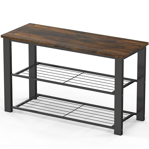 Simple Houseware Wood Top Shoe Storage Bench for Entryway, Rustic Brown - color: Rustic Brown, size: 29"