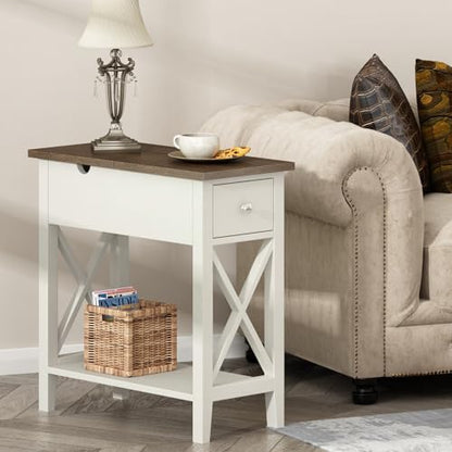 ChooChoo Farmhouse End Table with Drawer | Narrow Side Table with Flip Top, Accent Small Side Table Nightstand for Living Room, Bedroom, and Small Spaces, Soft White - color: Soft White, size: 1 Pack, style: Without Power