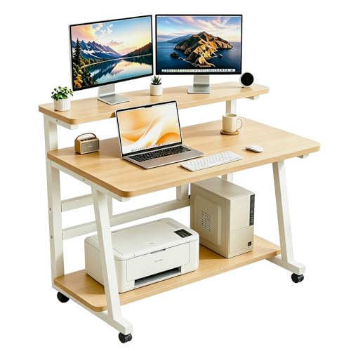 47.2 Inch Compact Rolling Computer Desk with Tier Worktable & Lockable Wheels, Small Computer Desk, Small Desk for Bedroom, Mobile Writing Workstation Easy Assembly for Home Office Small Spaces - color: Frame：white/Board：teak, size: 47.2“*19.7''