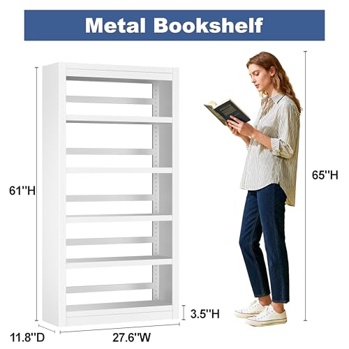61" 5-Tier Metal Bookshelf,4 Adjustable Shelves,Large Capacity (White) | Heavy Duty,Tall,Steel,Sturdy,No Screws Easy Assemble,Long Service Life - color: White, size: 61"Hx27.5"Wx11.8"D