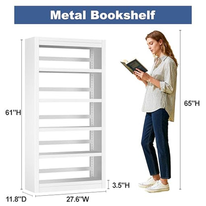 61" 5-Tier Metal Bookshelf,4 Adjustable Shelves,Large Capacity (White) | Heavy Duty,Tall,Steel,Sturdy,No Screws Easy Assemble,Long Service Life - color: White, size: 61"Hx27.5"Wx11.8"D