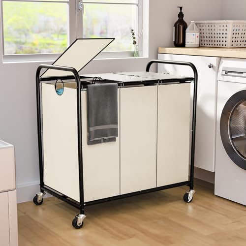180L (47.55 Gal) Laundry Sorter 3 Section, Rolling Laundry Basket with Lockable Wheels and Lid, Laundry Hamper with 3 Separated Removable Bags Dirty Clothes Hamper for Laundry Room Organizer, White - color: White-3Sec, size: 47.55Gal