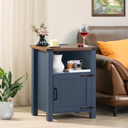Joaxswe Night Stand Set of 2, 18 Inch Farmhouse Nightstand with with Charging Station and USB Port, Rustic Couch End Table with Magnetic Door, Wood Bed Side Tables for Bedroom, Home, Navy Blue - color: Navy Blue