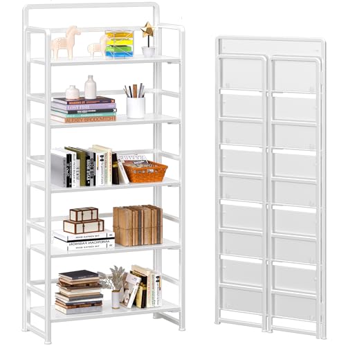 4NM No Assembly 5 Tiers Folding Bookshelf Storage Shelves Vintage Bookcase Standing Racks Study Organizer Home Office (All White) - color: All White, size: Standard 5 Tiers