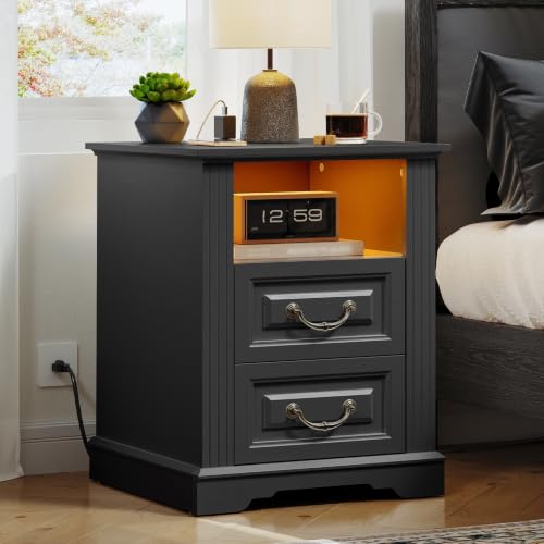RALGEND Farmhouse Nightstand with Charging Station, Night Stand with 2 Drawers, End Tables Living Room, LED Bed Side Table with Open Shelf, End Table for Bedroom, Living Room, Black - color: Black