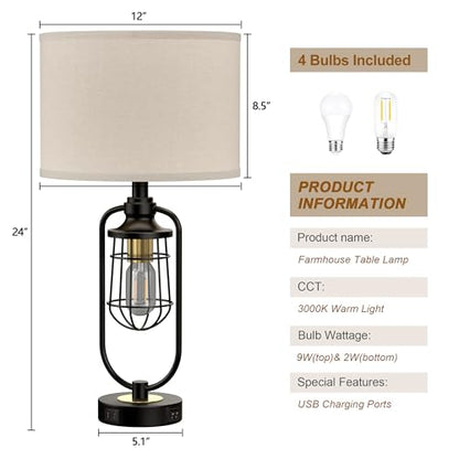 Table Lamps for Living Room Set of 2, Farmhouse Lamps for Night Stands, Industrial Bedside Lamps for Bedroom End Table with USB A+C, Bulbs Included - color: Black-Gold