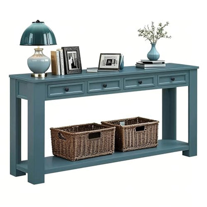 LKTART Solid Wood Console Table,63" Sofa Table Entryway Table with Drawers | Console Table for Entryway with 4 Drawers and Open Shelf,Entry Table for Hallway,Foyer,Living Room,Easy Assembled,Dark Blue - color: Dark Blue