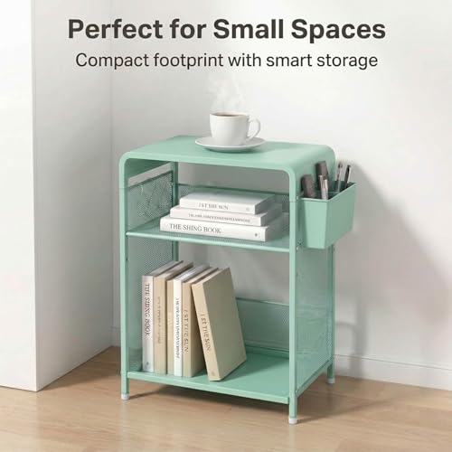ECOLOVI 3 Tier Printer Stand for Under Desk, Height Adjustable Shelf Small Printer Table with 3 S-Hooks & Basket, Heavy Duty Industrial Storage Shelf for Home Office (Green) - color: Green