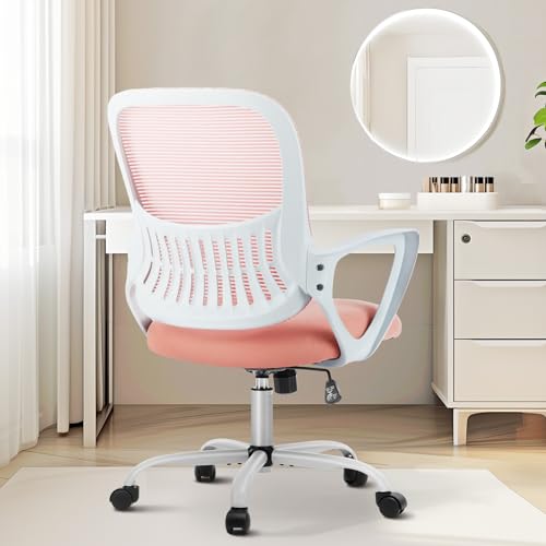 Sweetcrispy Ergonomic Home Office Desk Chair, Managerial Executive Chair | Mid-Back, Comfortable Armrests and Lumbar Support, 360° Rolling Wheels, Bedroom Study Room, Pink - color: Pink, size: 18.5"D
