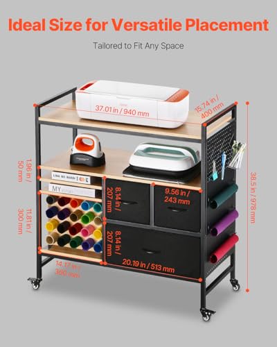VEVOR Rolling Craft Cart and Storage Table, Compatible with Cricut Machines, Crafting Table Organization Workstation, Craft Rolling Storage Organizer with 20 Vinyl Roll Holders and 3 Drawers, Black