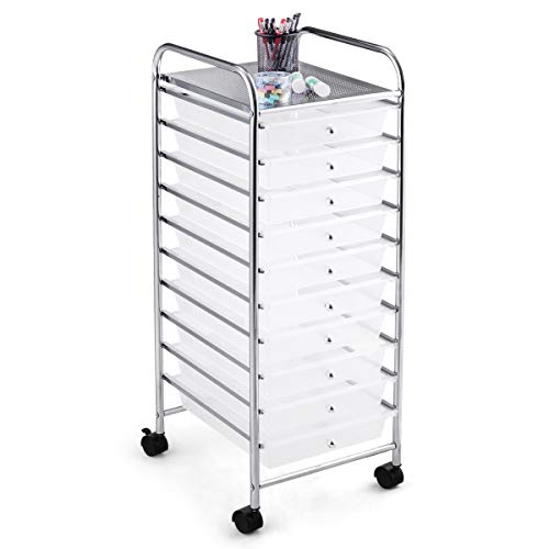 KOTEK 10-Drawer Rolling Storage Cart, Multipurpose Utility Cart Mobile Craft Cart w/Drawers & Wheels, Home Office School Tools Scrapbook Paper Organizer (Clear) - color: Clear