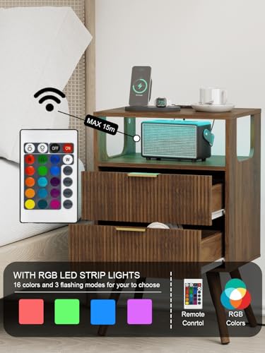 Leomonio Nightstand with Charging Station and LED Lights, Modern Bedside Table with 2 Storage Drawer and Open Wood Shelf for Bedroom and Small Spaces, Night Stand with Solid Wood Legs - color: Walnut Brown-outlet
