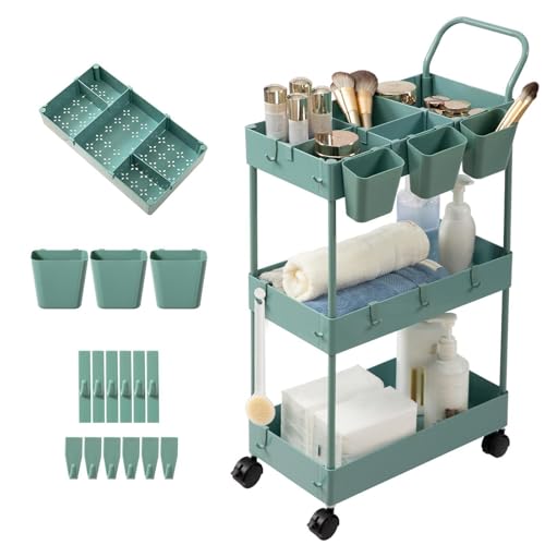 danpinera Storage Cart on Wheels, 3 Tier Bathroom Cart Organizer Slim Laundry Narrow Shelf with Wheels Dividers Hanging Cups Hooks Handle Easy Assembly, Green - style: 3 Tier Green
