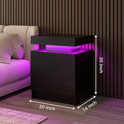 LED Nightstand, Modern Black Night Stand End Tables with APP & Remote Control LED Lighting, 2 Drawers, Open Shelf Storage, Bedside Tables for Bedroom & Living Room
