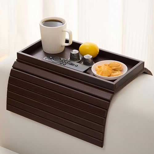 Bamboo Couch Arm Tray Table，Foldable Sofa Armrest Tray Table for Couch，Flexible and Anti-Slip Couch Arm Cup Holder，Portable Sofa Arm Chair Table for Drink,Cups, Eats，Snacks, Phone, Remote - color: Mahogany