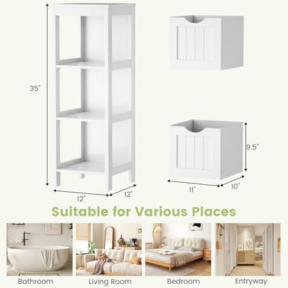 RELAX4LIFE Small Bathroom Storage Organizer, Freestanding with 2 Removable Drawers & Open Shelf, Wooden Corner Cabinet for Entryway, Living Room or Narrow Bathroom (White)