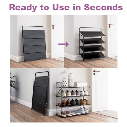 4 Tier No-Assembly Shoe Rack, Foldable Shoes Rack Organizer Without Installation, Portable Solid Metal Shoe Shelves for Closet, Entryway, Front Door Entrance - size: 4 Tier