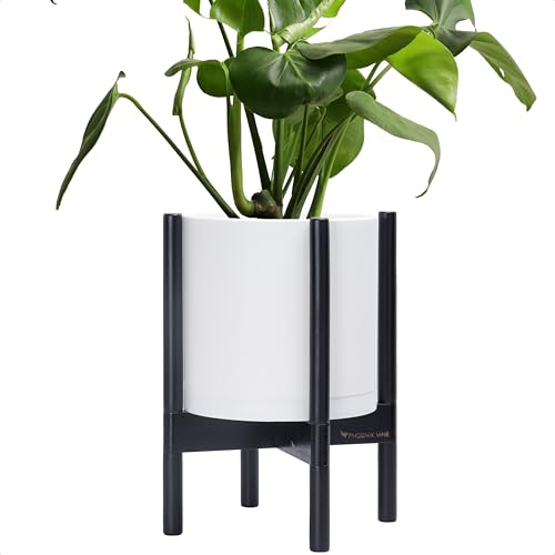 D'vine Dev Plastic Pot with Ebony Wood Stand, White, 10 in, 55-C-N-1 | Mid-Century Inspired Design, Elevated Plant Display, Clean Lines, Sturdy Support, Modern Space-Saving Style - color: Matte White Pot + Ebony Stand, size: 10 Inch