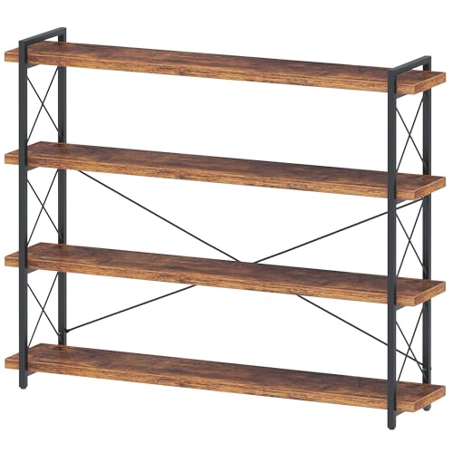 HCHQHS Large Bookshelf, 4-Tier Long Industrial Bookcase, Rustic Brown Book Shelf, Freestanding Horizontal Bookshelves with Metal Frame - color: Rustic Brown, size: 4-Tier (56.7"W x 54.2"H)