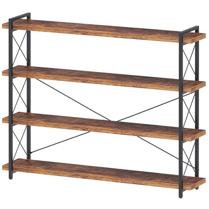 HCHQHS Large Bookshelf, 4-Tier Long Industrial Bookcase, Rustic Brown Book Shelf, Freestanding Horizontal Bookshelves with Metal Frame - color: Rustic Brown, size: 4-Tier (56.7"W x 54.2"H)